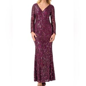 NWT Adrianna Pappell Elegant Purple Sequin Formal V Neck Gown Prom